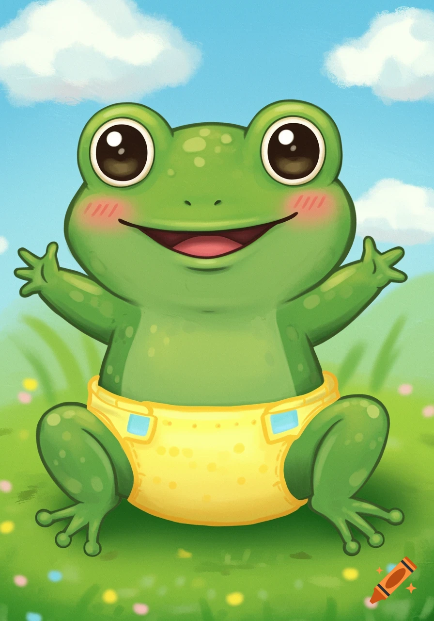 A cute cartoon frog wearing a yellow diaper sits on green grass under a blue sky with clouds.