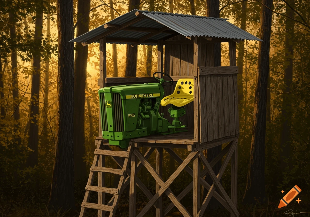 A wooden hunting stand in a forest with a green John Deere tractor seat mounted inside, rendered as a digital painting.
