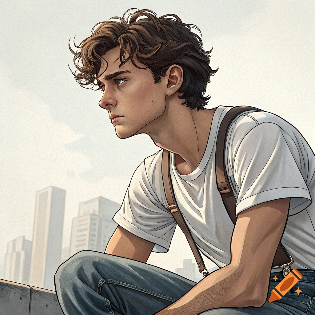 Illustration of a young man with suspenders looking away, with city buildings in the background.