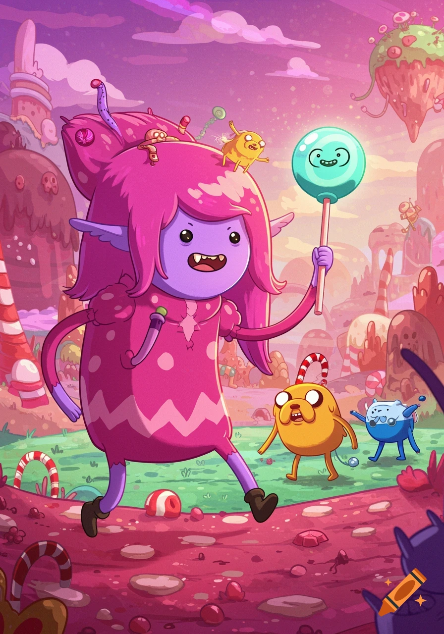 Adventure Time characters LSP, Finn/Jake hybrid, and a blue creature walk through a candy landscape. LSP holds a lollipop with a face.