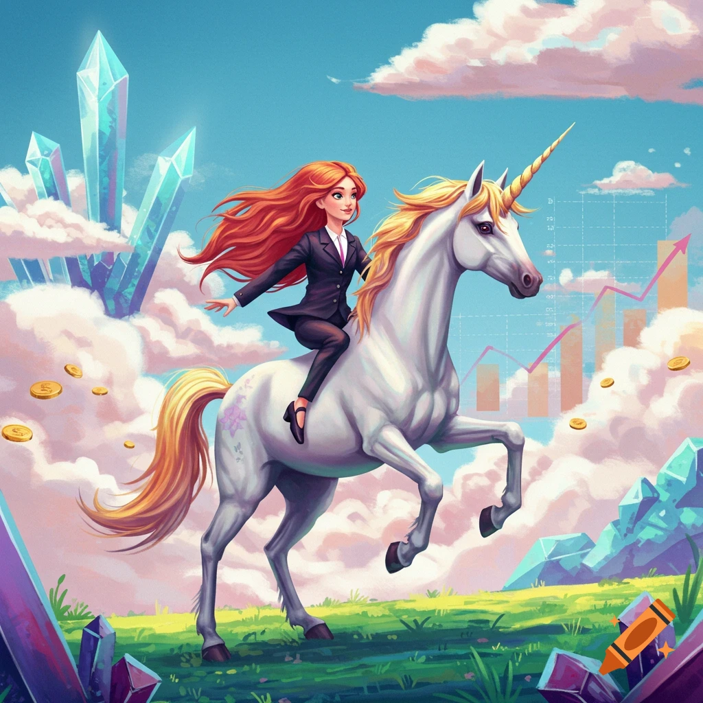Cartoon of woman in business suit riding unicorn with crystals, coins, and a stock market graph.