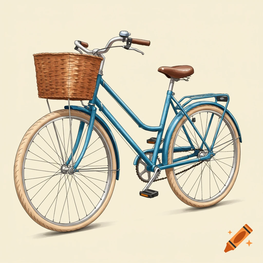 An illustration of a blue bicycle with a wicker basket.