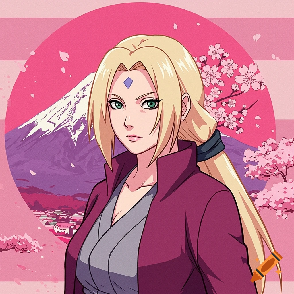 Anime portrait of Tsunade with Mount Fuji and cherry blossoms in the background