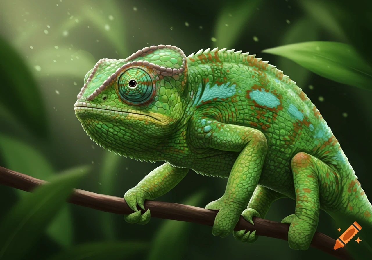 A green chameleon with blue and orange spots perches on a branch surrounded by green leaves.
