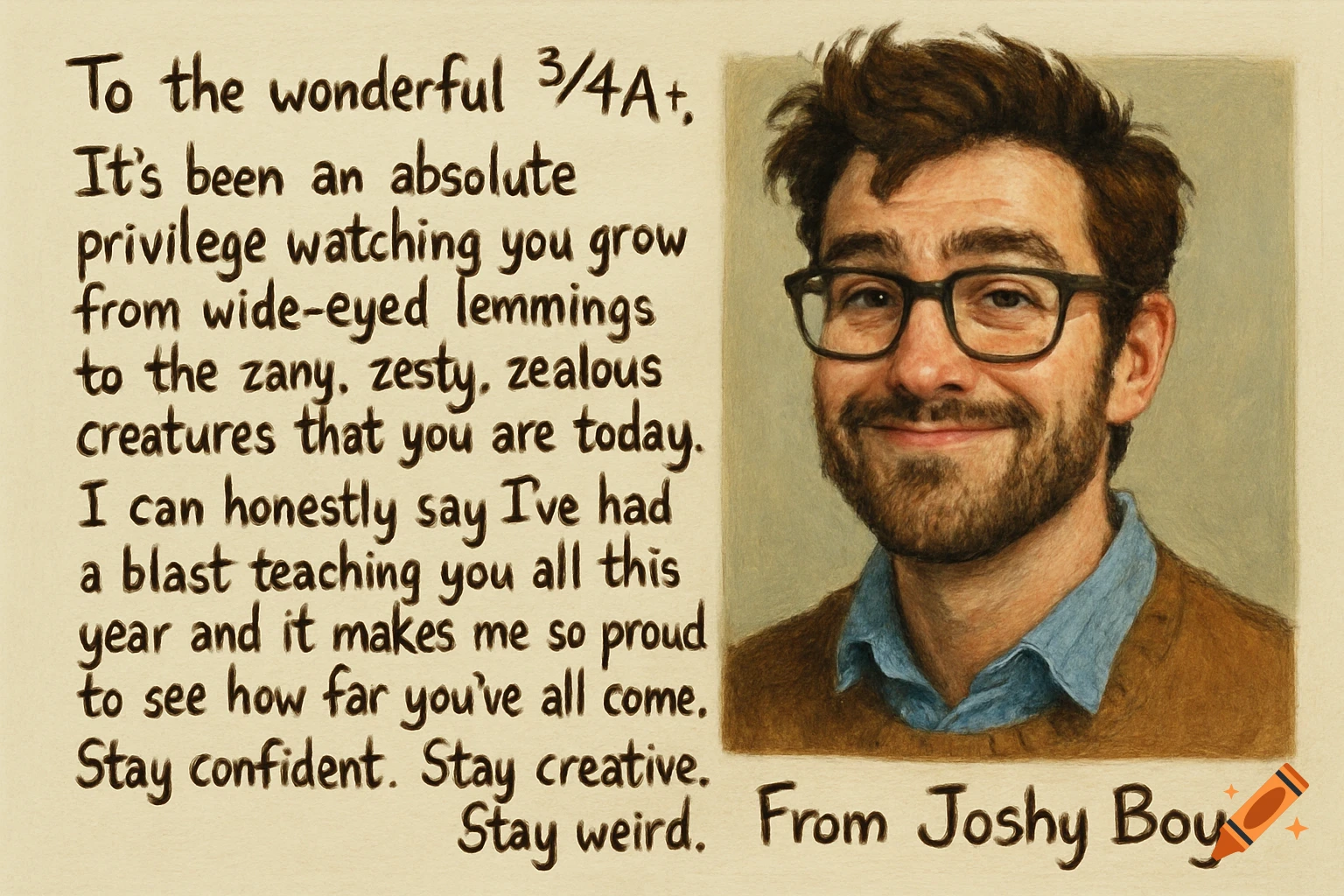 A portrait of a man with glasses and a beard next to handwritten text on a page.