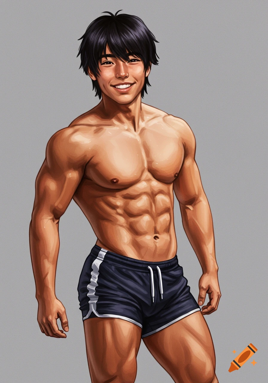 Anime style illustration of a muscular young man in shorts smiling.