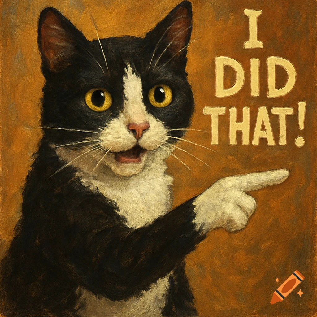 A painting of a tuxedo cat pointing its paw with the text 'I DID THAT!' next to it.