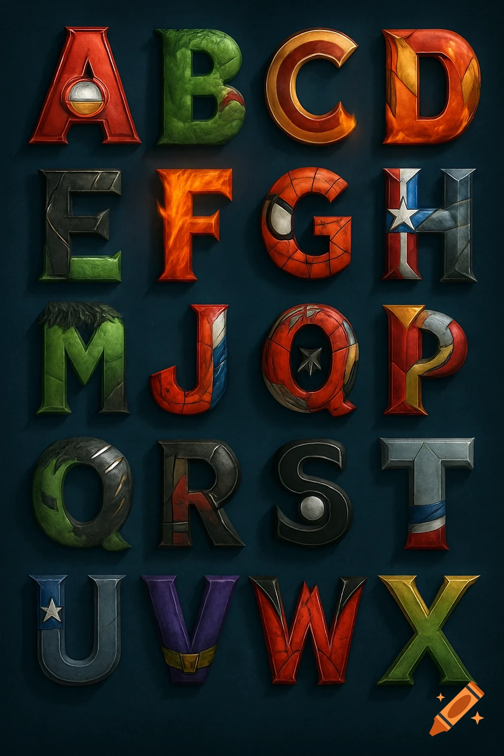Alphabet letters A through X stylized with textures and colors resembling Marvel superhero and villain costumes.