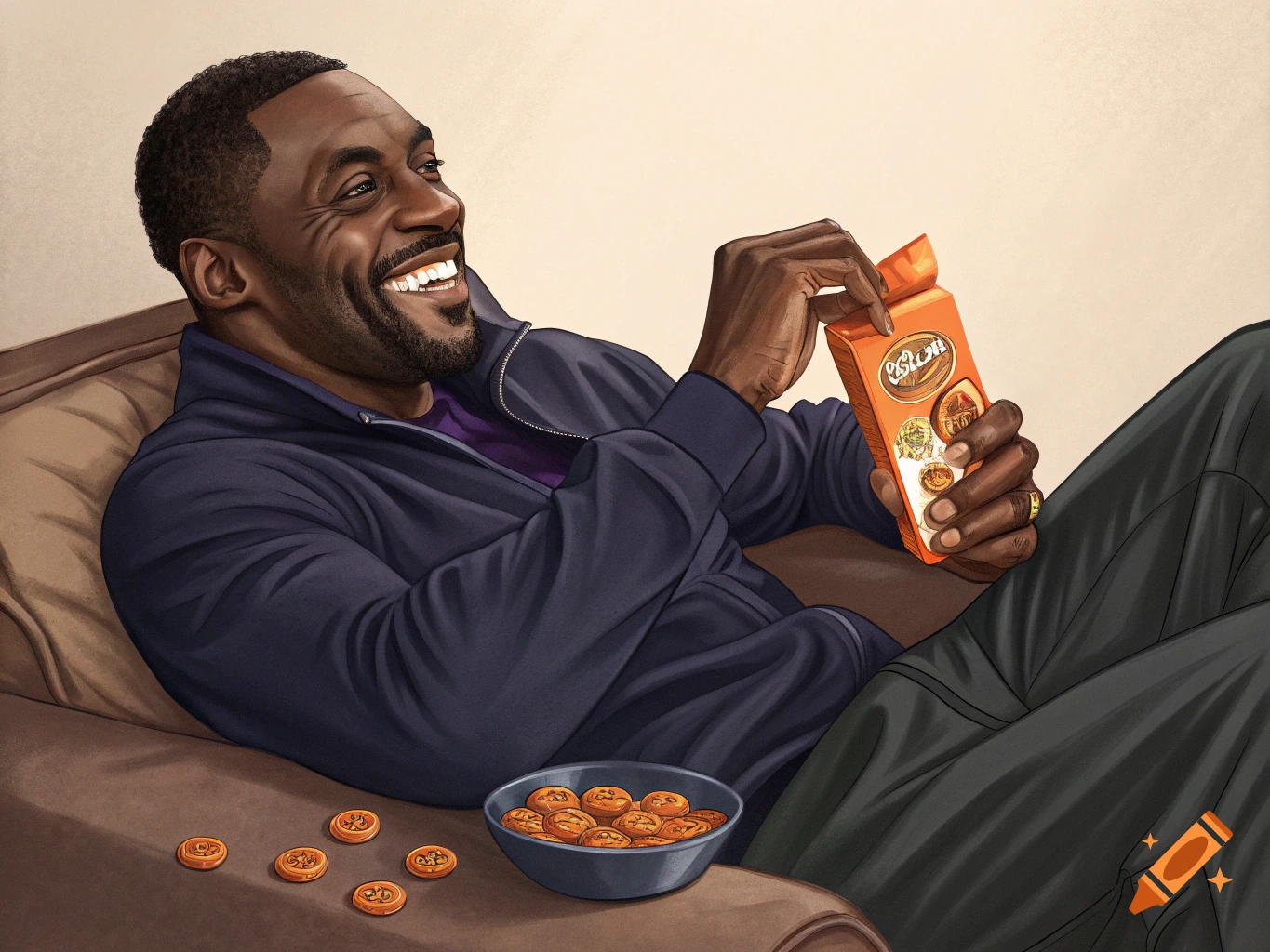 Illustration of a man resembling Idris Elba relaxing on a couch with snacks
