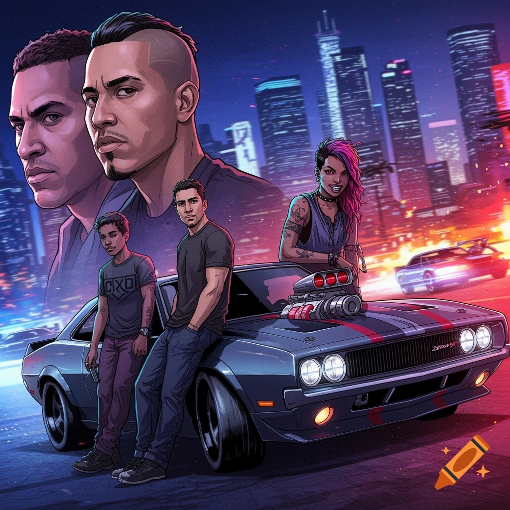 Illustrated image of characters and a muscle car from Fast and the Furious in a city at night.