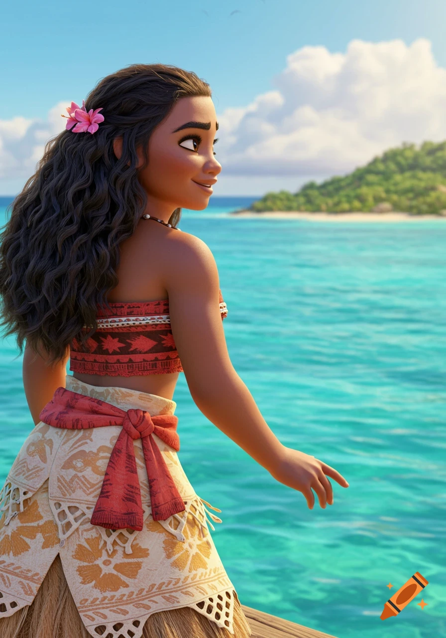 Animated character Moana looking at a tropical island