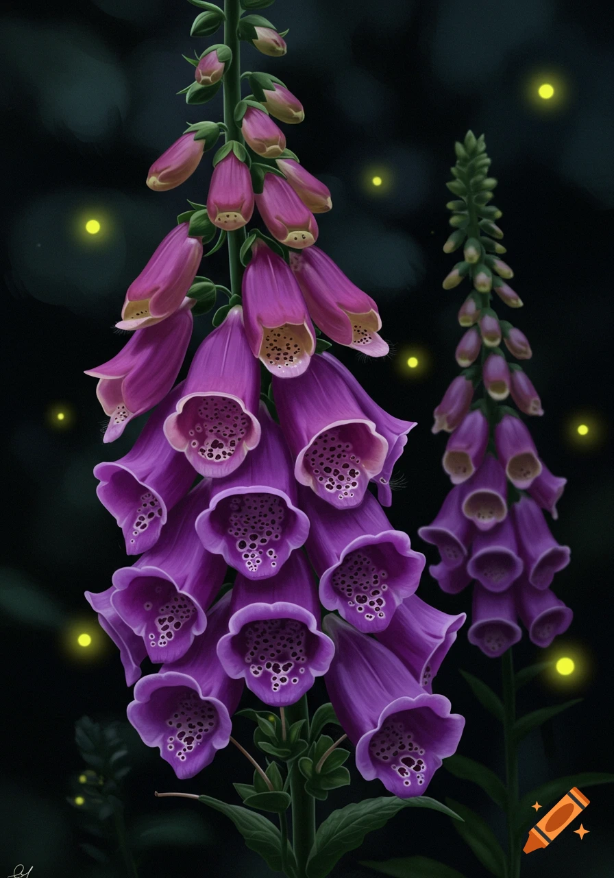 Close-up of purple foxglove flowers with fireflies against a dark background.