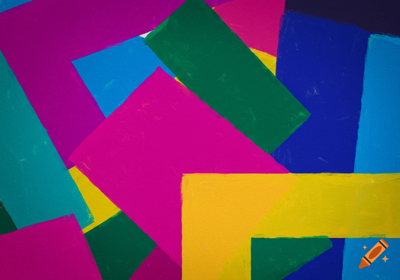An abstract painting of overlapping rectangles of pink, teal, blue, green, and yellow.