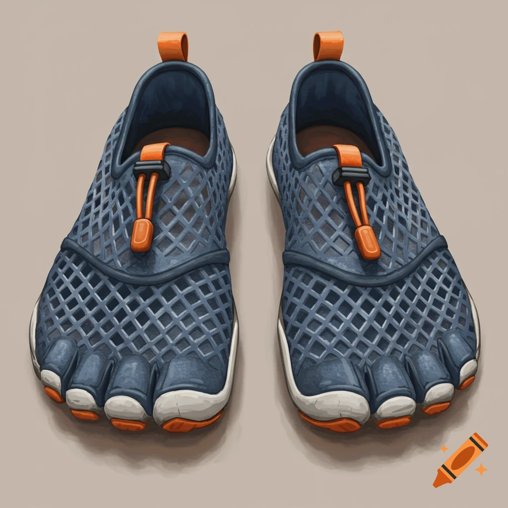 A pair of blue mesh barefoot aqua shoes with orange accents.