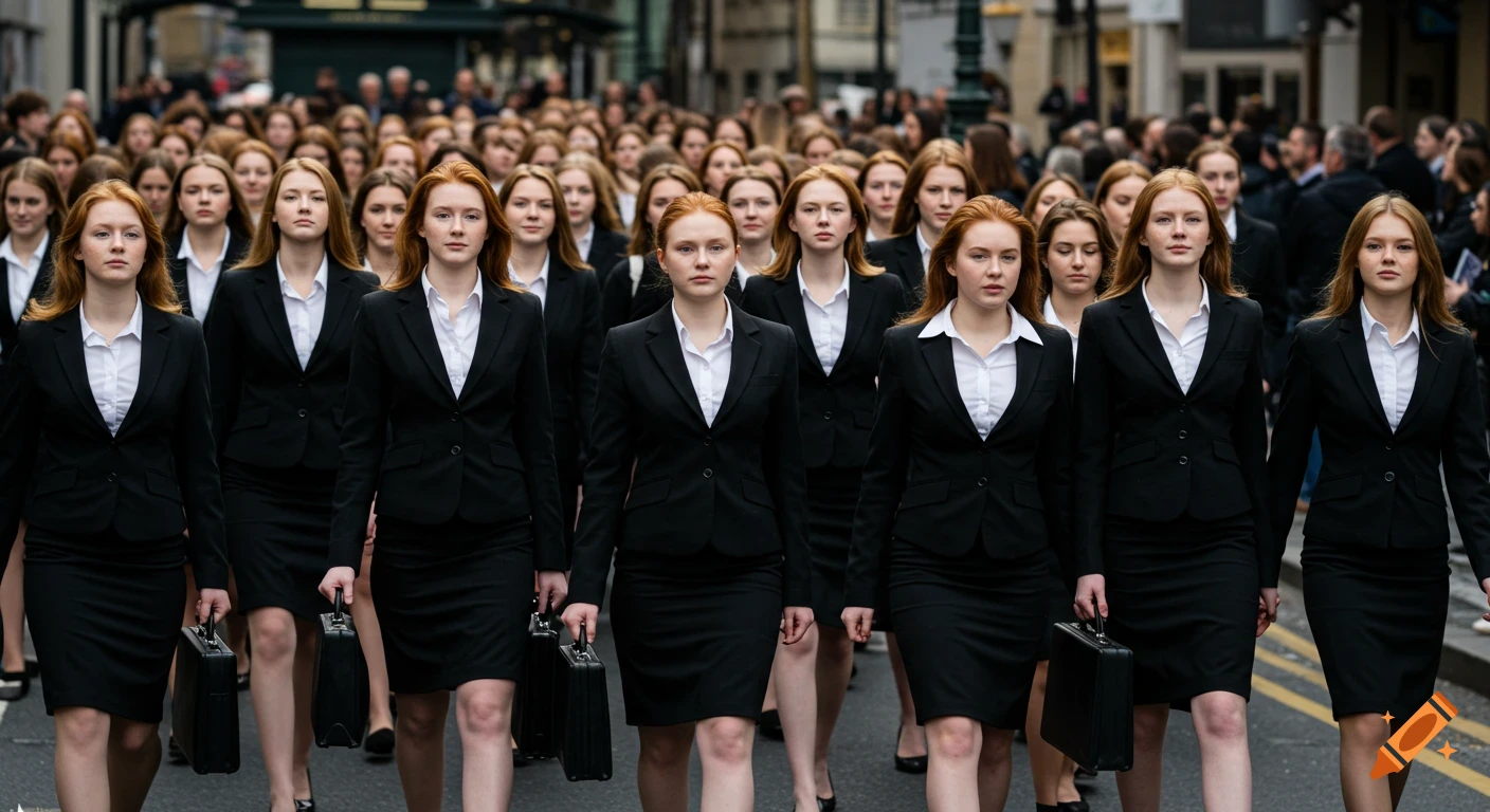 A large group of women in black suits and skirts walk down a street.