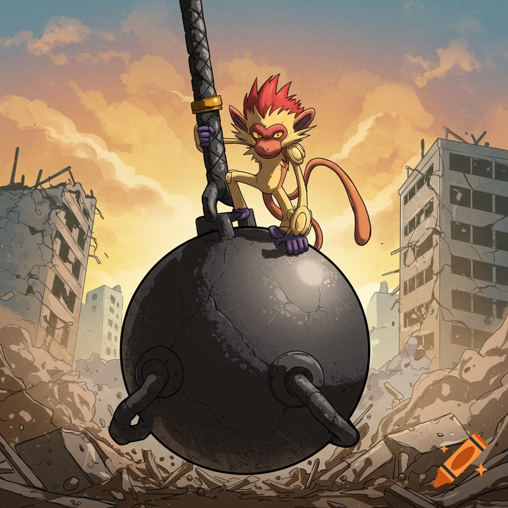 Cartoon Pokemon character standing on a large wrecking ball in a destroyed city.