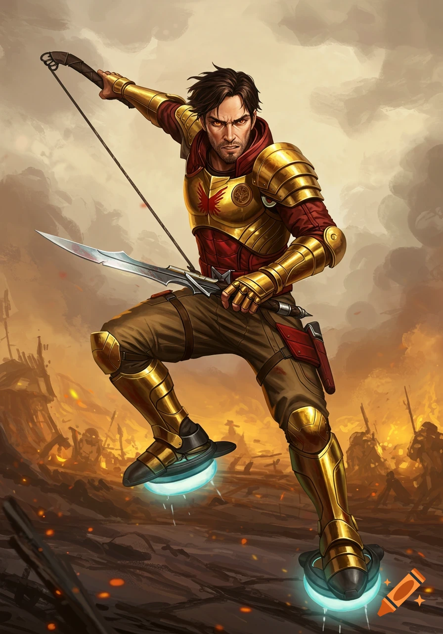 A fantasy warrior in gold armor floats on grav boots, holding a bow and sword over a battlefield.