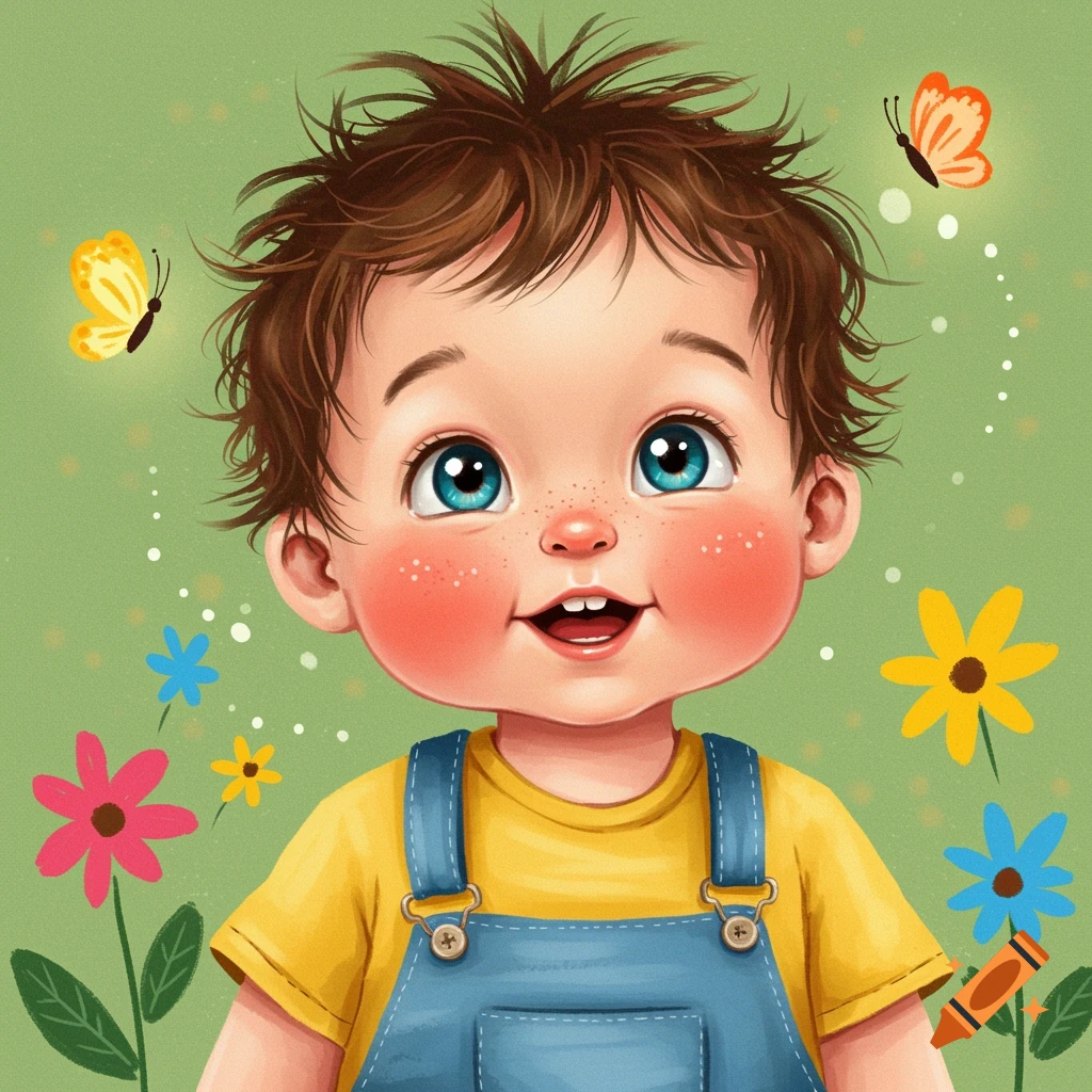 Illustration of a happy toddler in overalls surrounded by butterflies and flowers.