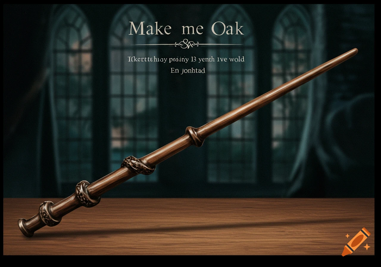 A wooden Harry Potter style wand rests on a table in front of blurred windows.