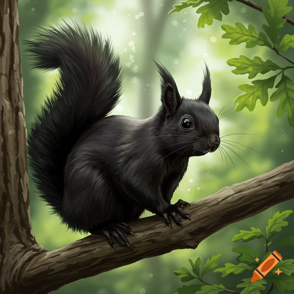 A black squirrel sits on a tree branch in a forest.