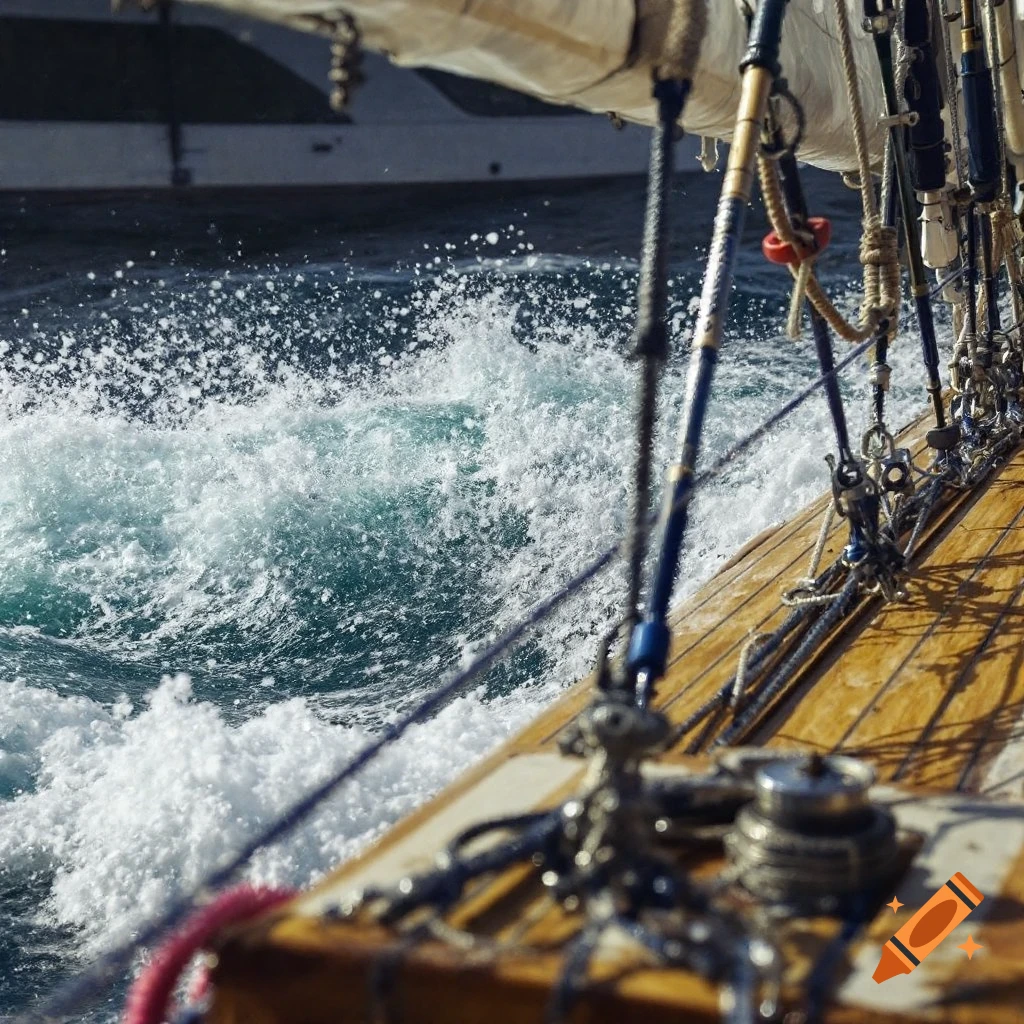 View from a sailboat deck showing splashing water and rigging.