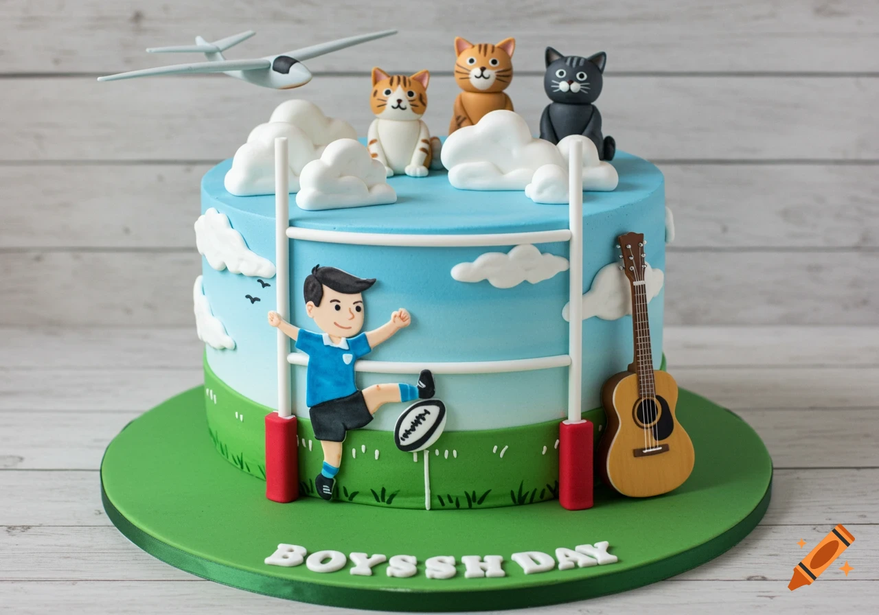 Decorated cake with boy playing rugby, cats, guitar, clouds, airplane, and 'BOYSSH DAY' text