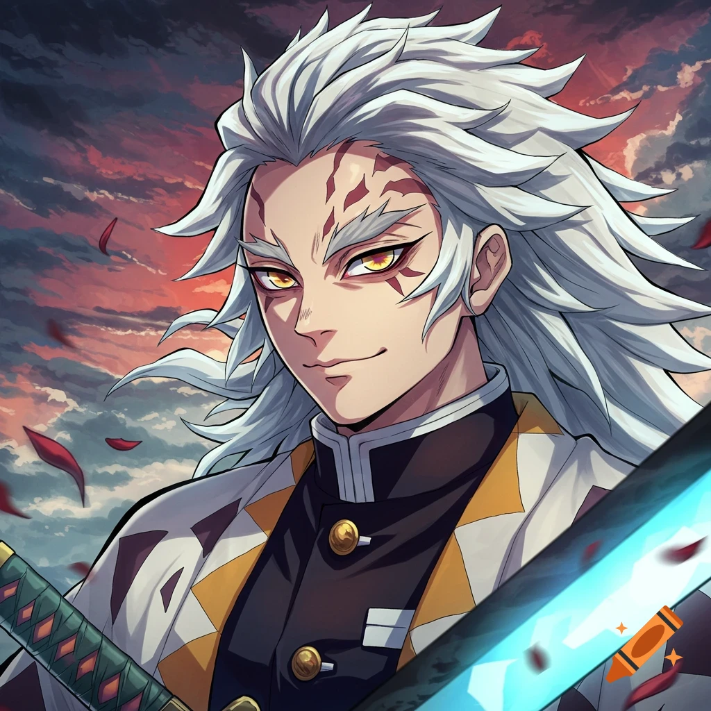Anime portrait of a white-haired character with red face markings, wearing a uniform and holding a sword against a dramatic sky.