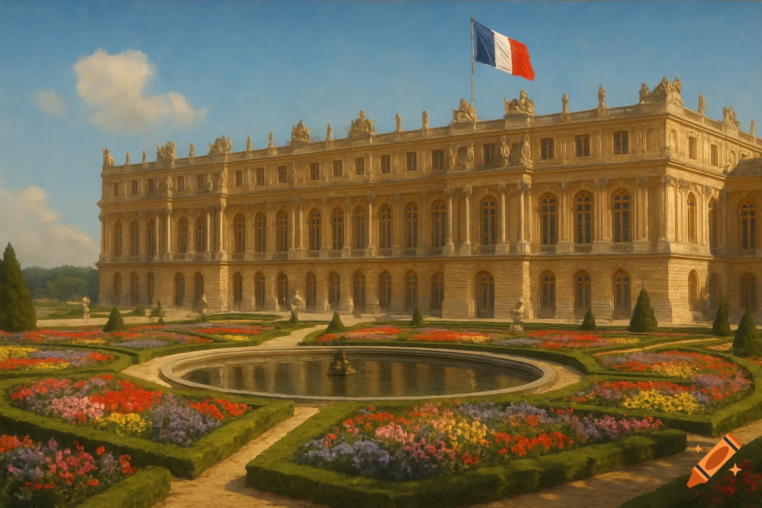 A majestic view of the Palace of Versailles and its ornate gardens with a fountain and a French flag flying.