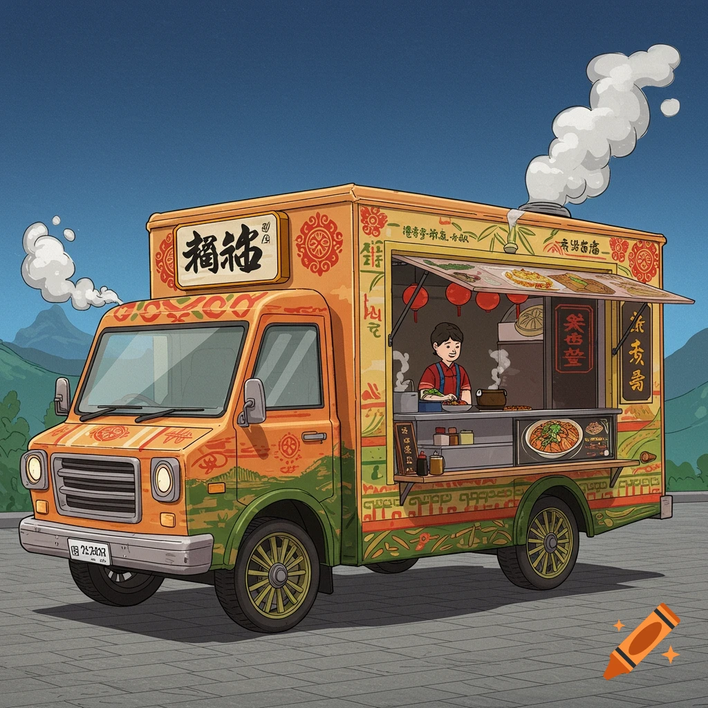 Illustrated food truck with Asian style decorations parked outdoors, person serving food inside.