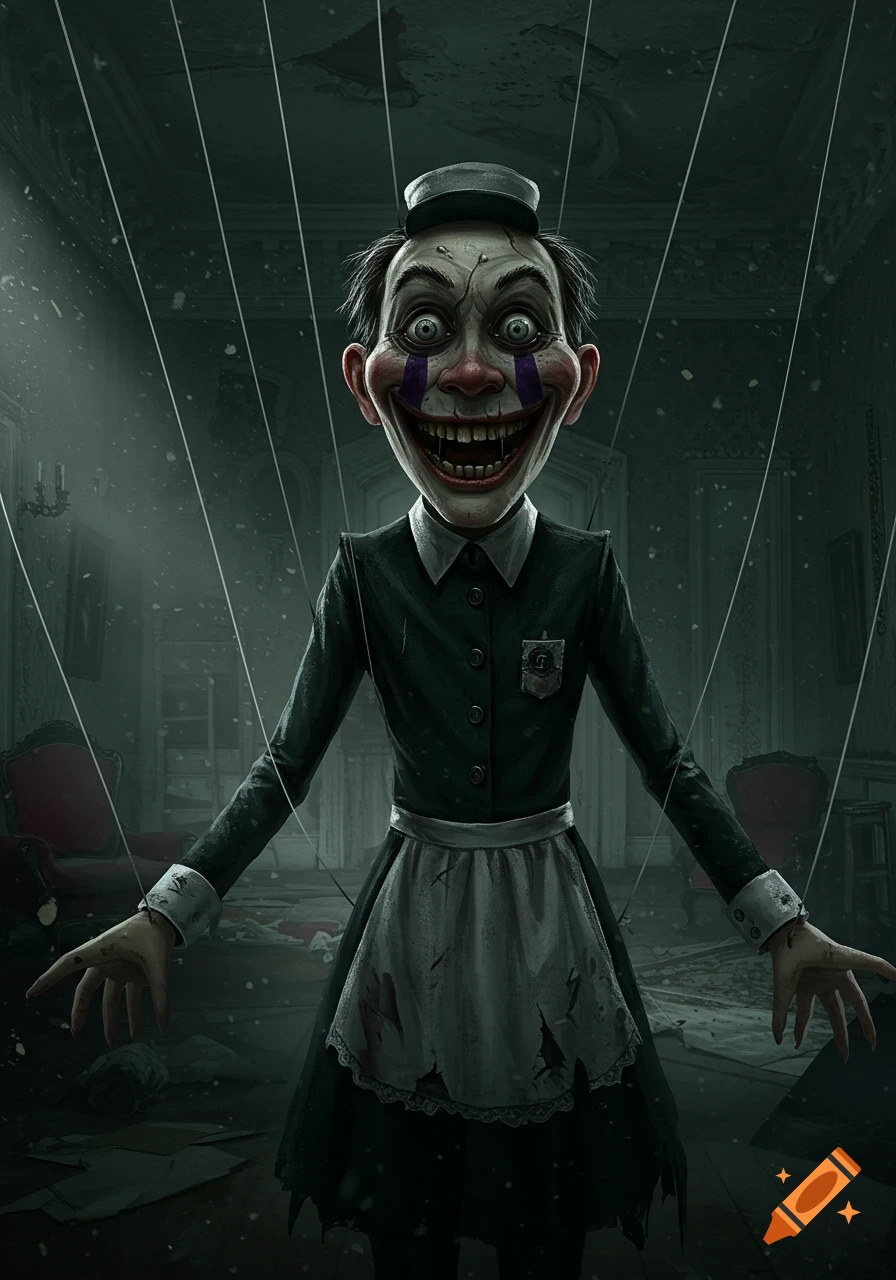 A creepy, smiling marionette puppet in a uniform stands in a dark, decaying manor.