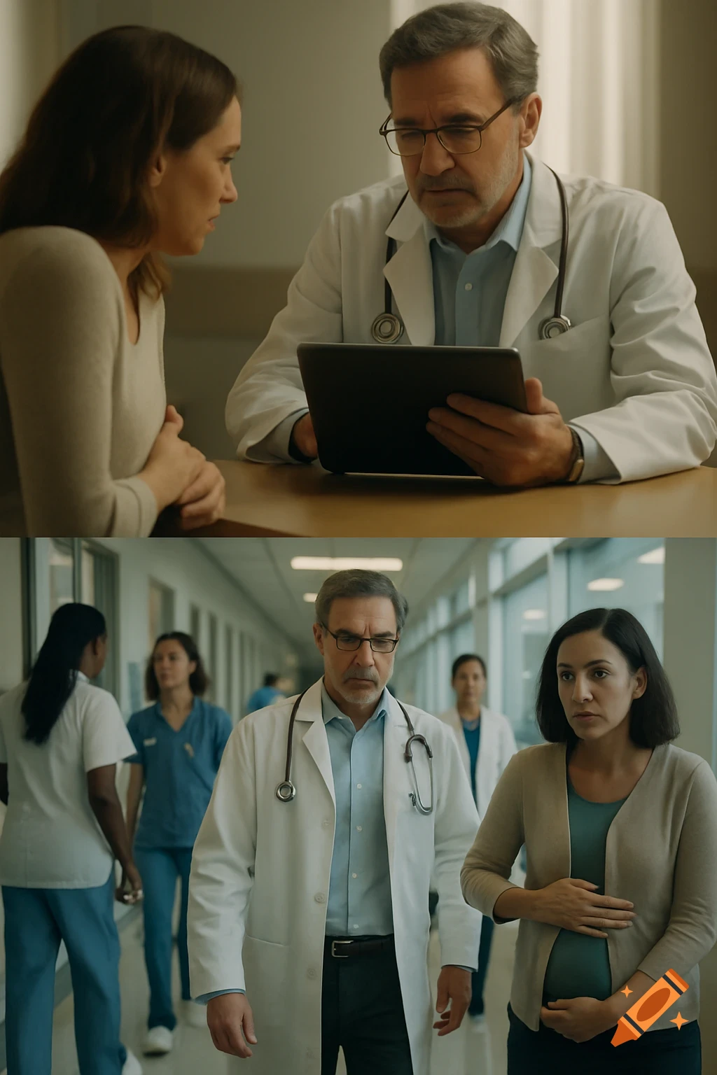 Doctor and patient in consultation, and doctor walking with pregnant patient in hospital corridor, photorealistic style.