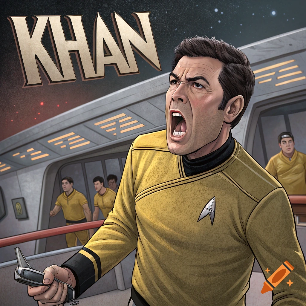Stylized illustration of Captain Kirk yelling 'KHAN' on a starship bridge.