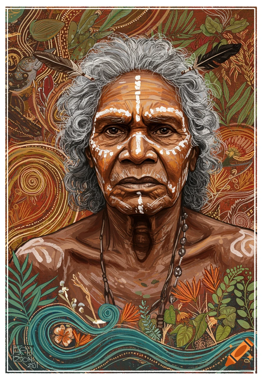 Illustration of an elderly Indigenous person with face paint and feathers, surrounded by stylized plants and waves.