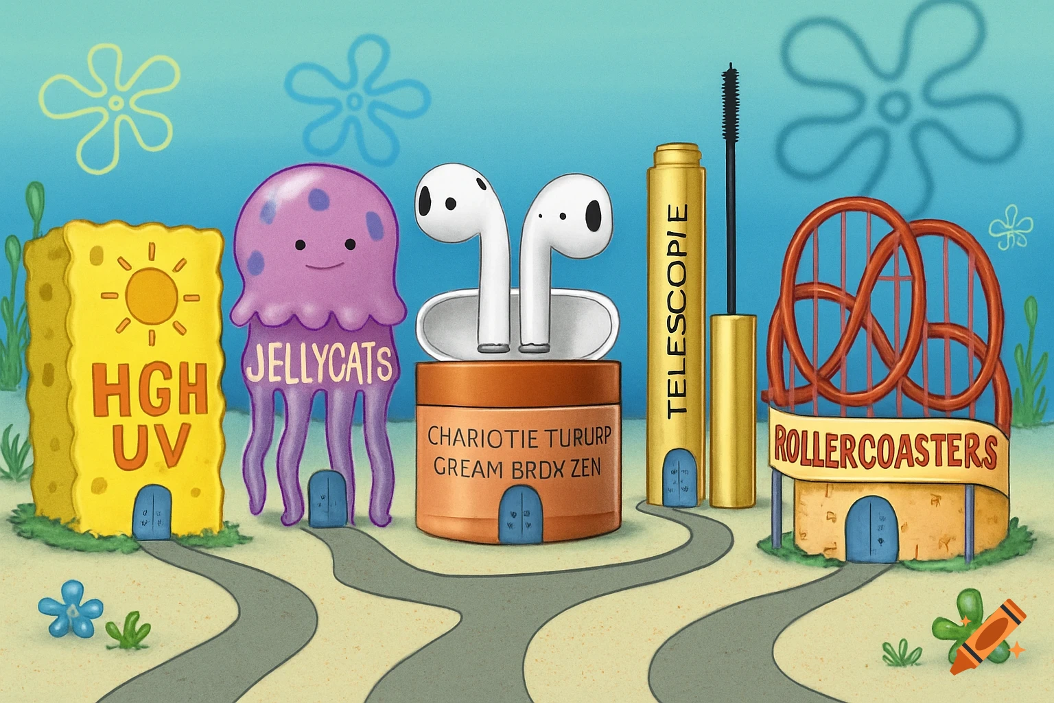 Cartoon street in a SpongeBob style with buildings shaped like a sponge, jellyfish, airpods, mascara, and roller coasters.