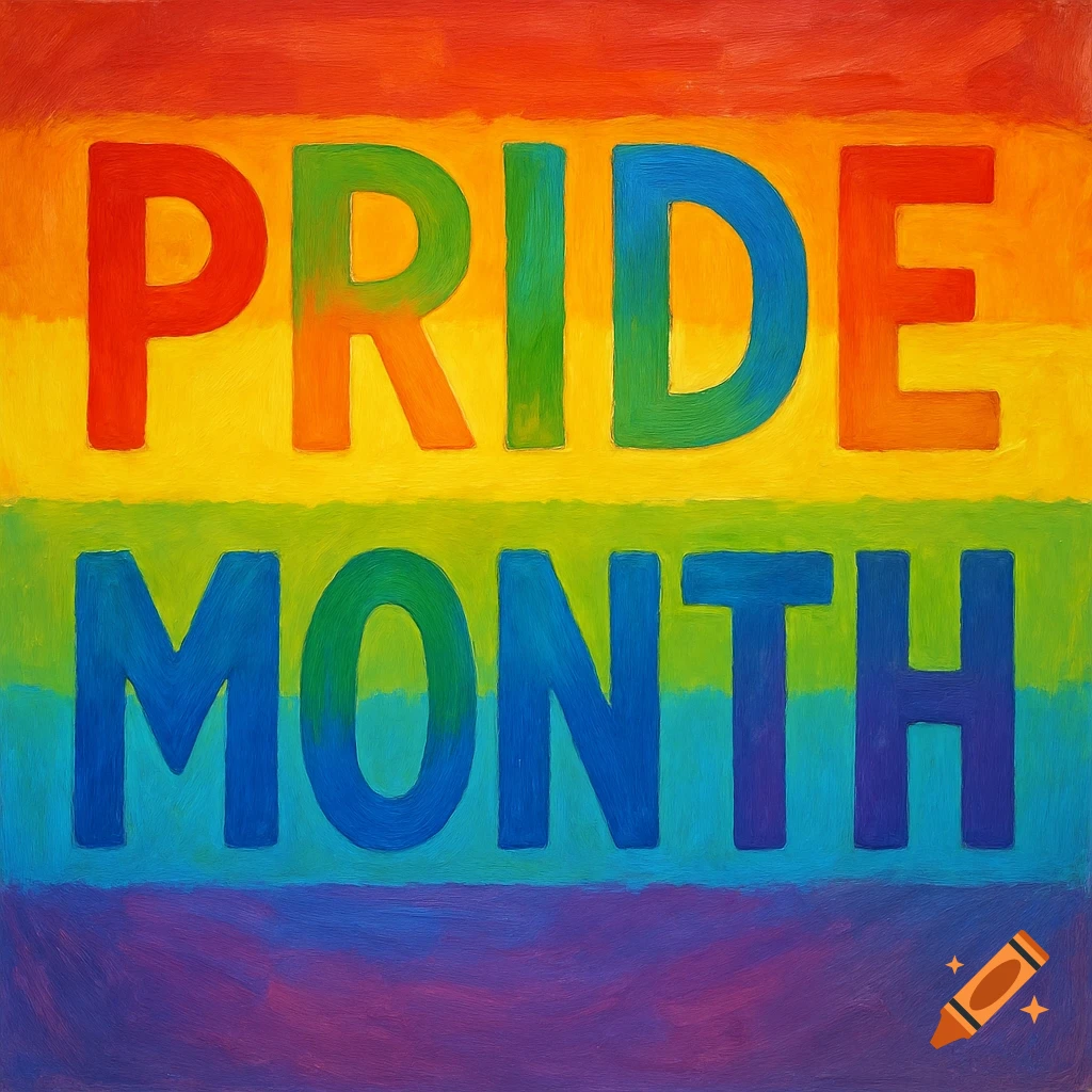 The words PRIDE MONTH are written in colorful text over a rainbow flag background with a painterly texture.