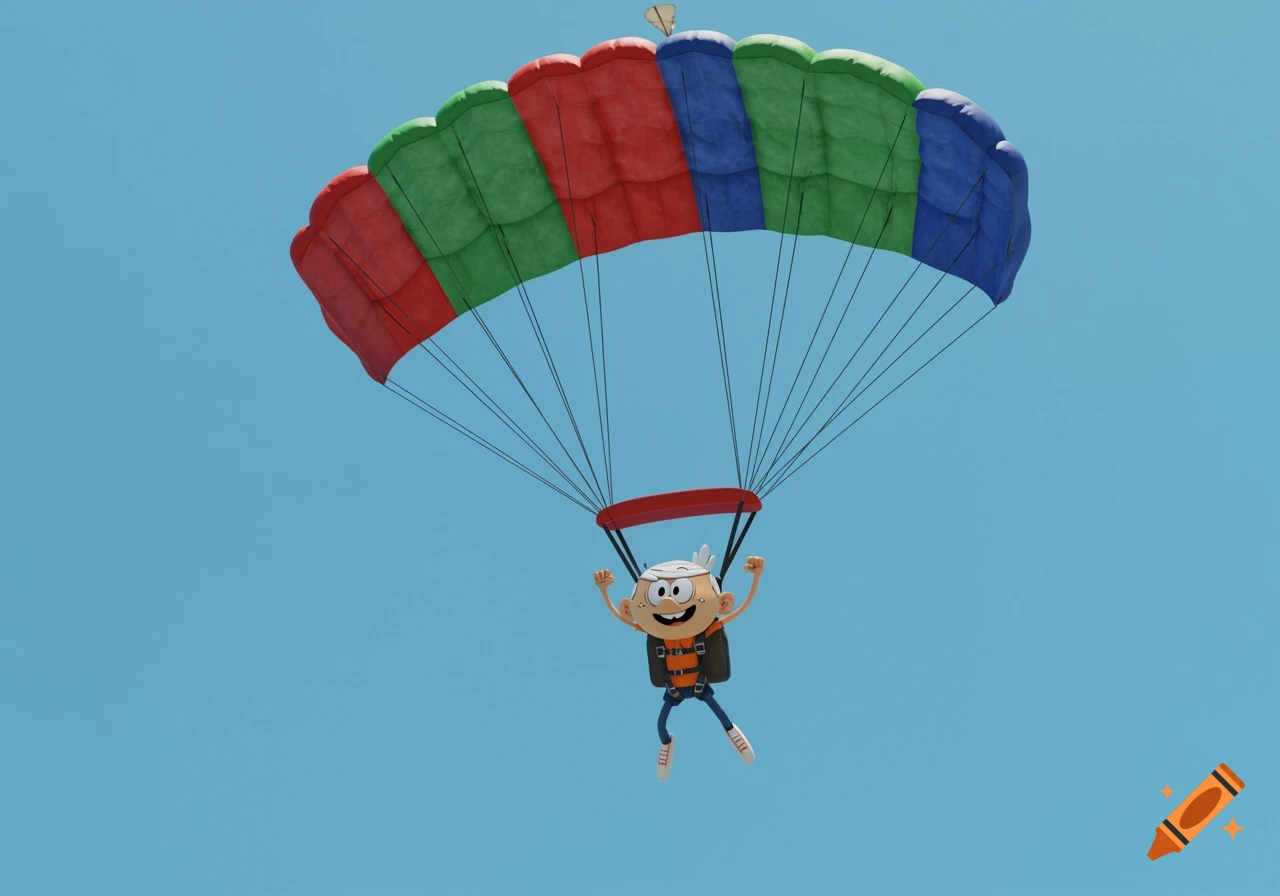 Cartoon character Lincoln Loud skydiving with a red, green, and blue striped parachute in a blue sky.