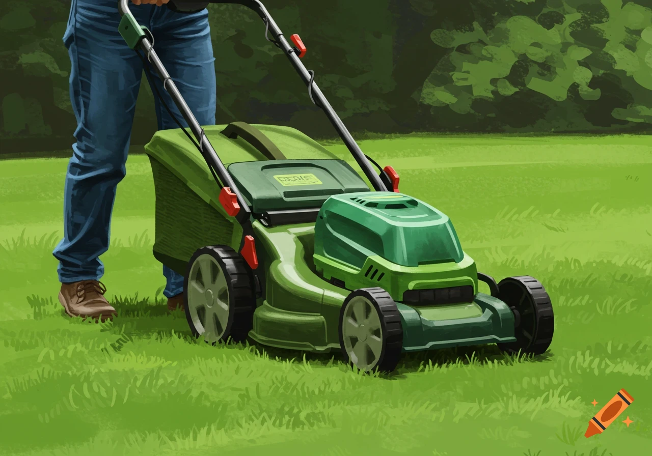 Person pushes a green electric lawn mower across a lawn, illustration.