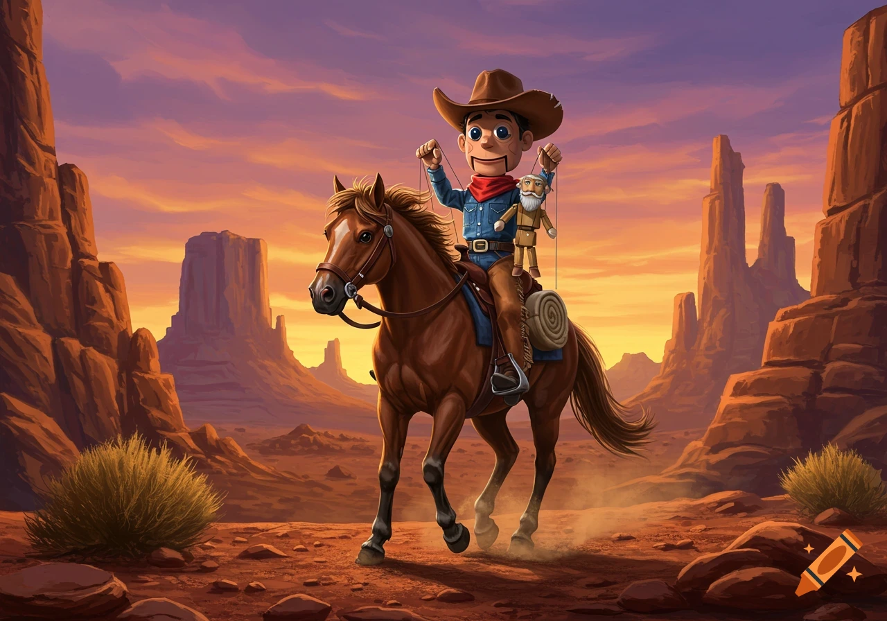 A cartoonish puppet cowboy riding a horse in a desert landscape at sunset, holding a smaller puppet.