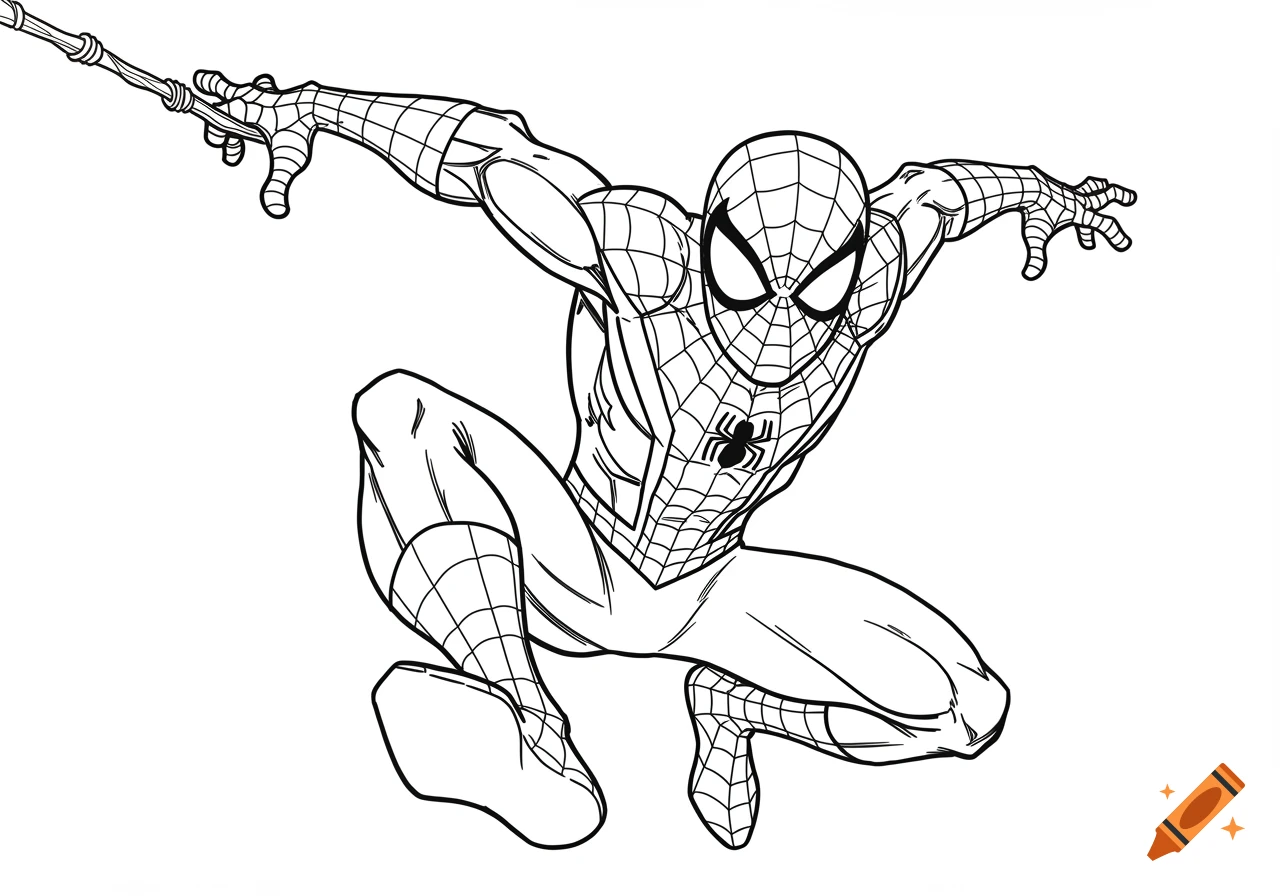 Black and white line drawing of Spider-Man crouched, shooting a web.