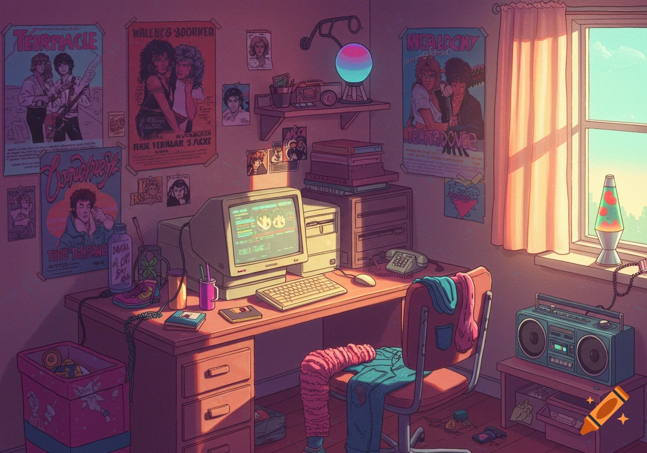 An illustration of a cluttered 1980s teenager's bedroom desk with a computer, posters, boombox, and lava lamp.