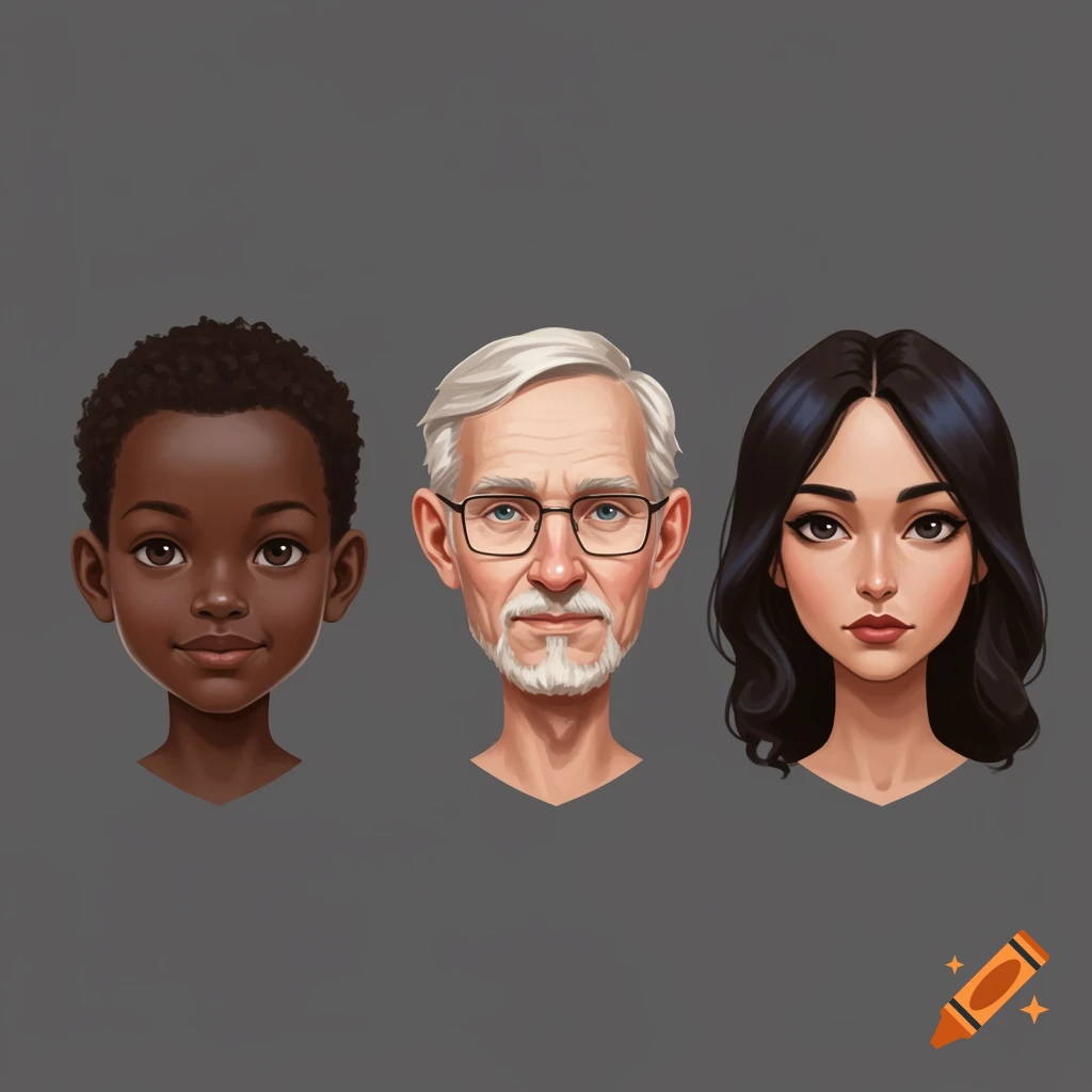 Three stylized avatar heads: a black child, an old white man with glasses, and a dark-haired woman.