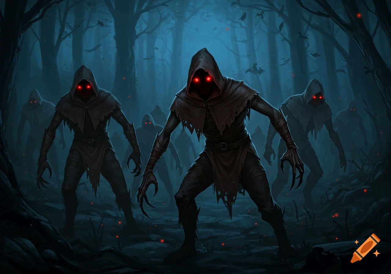 Several hooded figures with glowing red eyes and clawed hands stand in ...