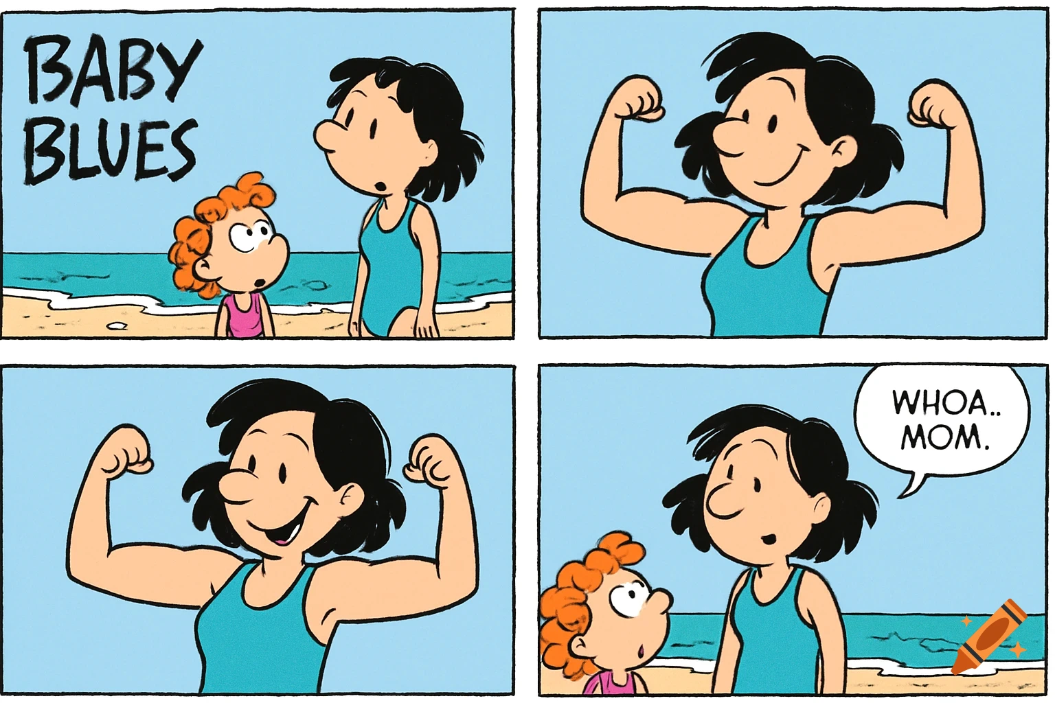 Comic strip shows a mom flexing muscles at the beach while her child looks on in surprise.