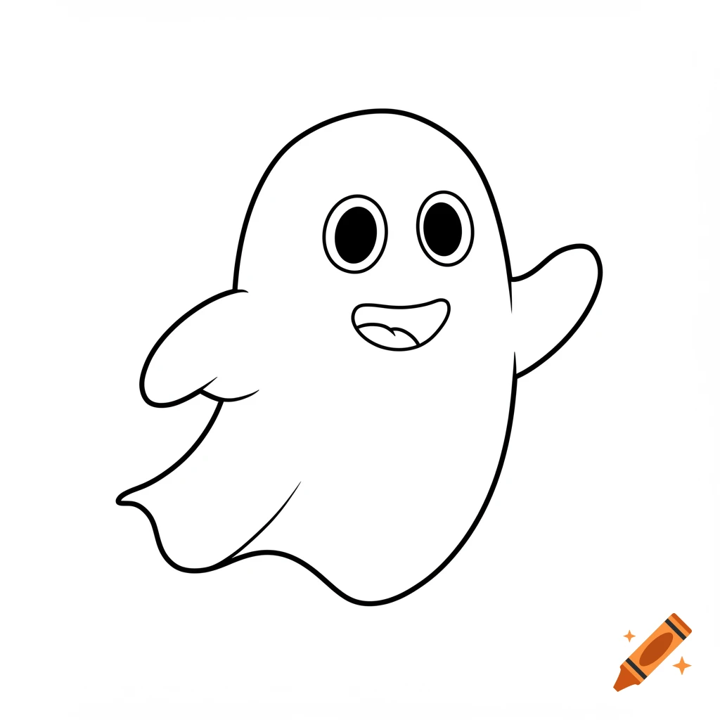 Black and white line art of a friendly cartoon ghost waving.