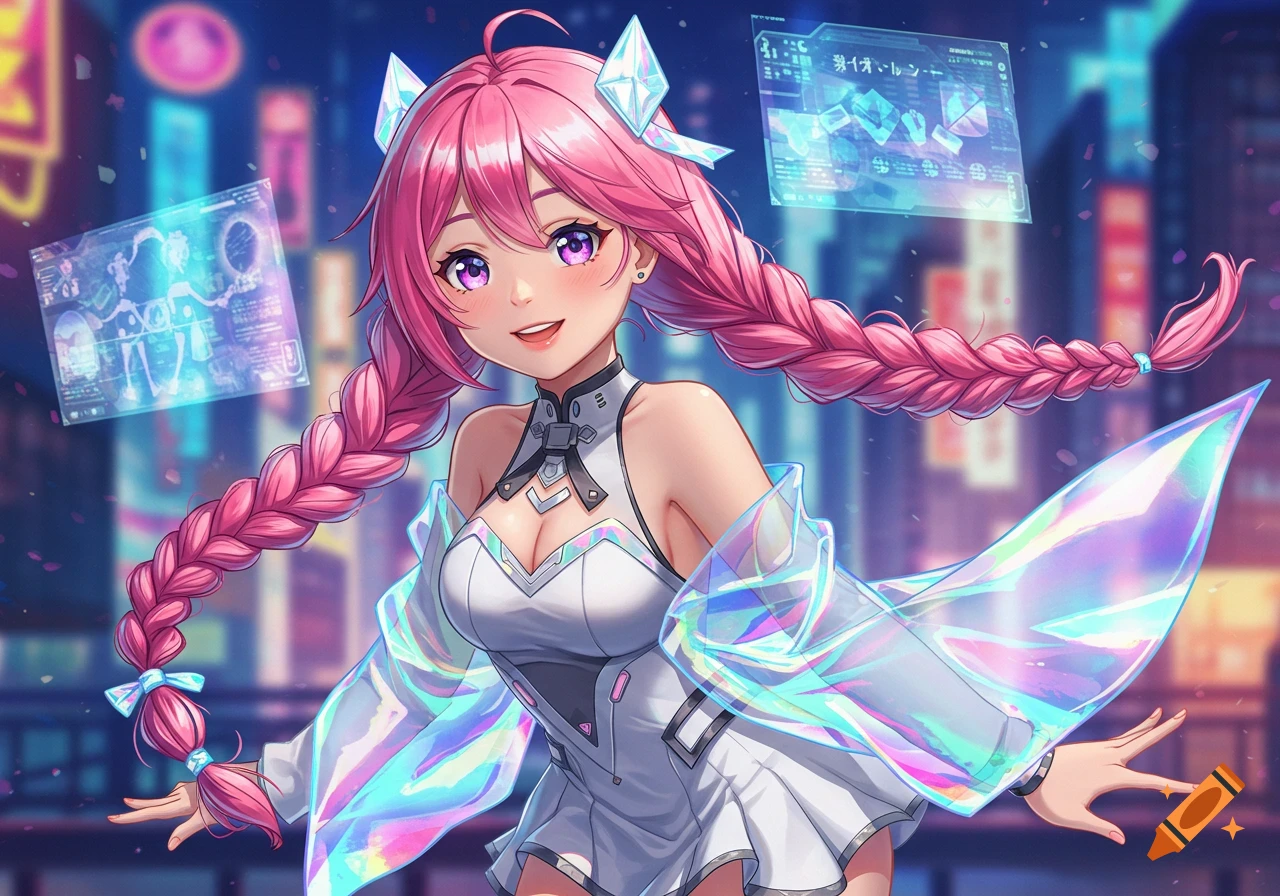 Anime woman with pink braids in a futuristic outfit and iridescent jacket stands in a city with holographic screens.