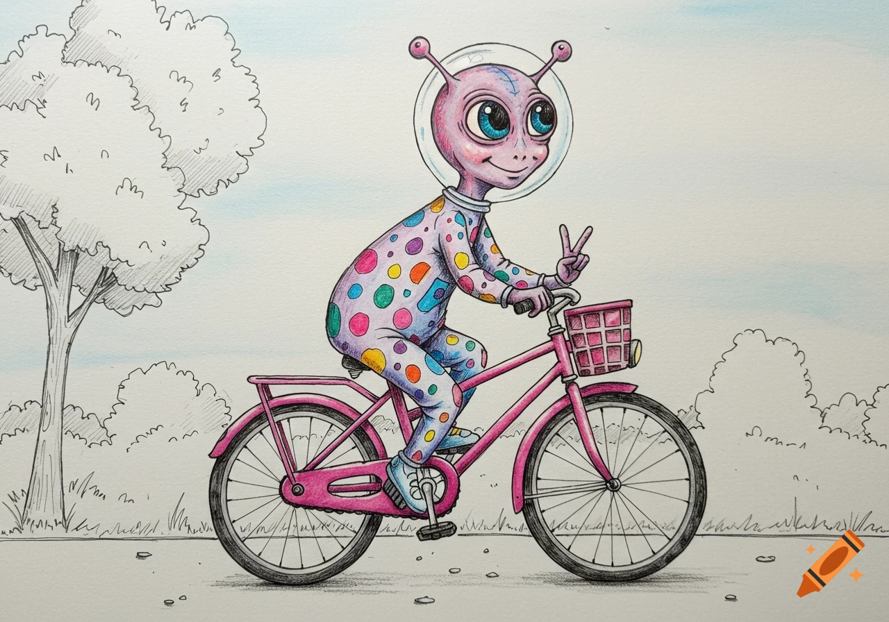 Pencil drawing of a purple alien riding a pink bike.
