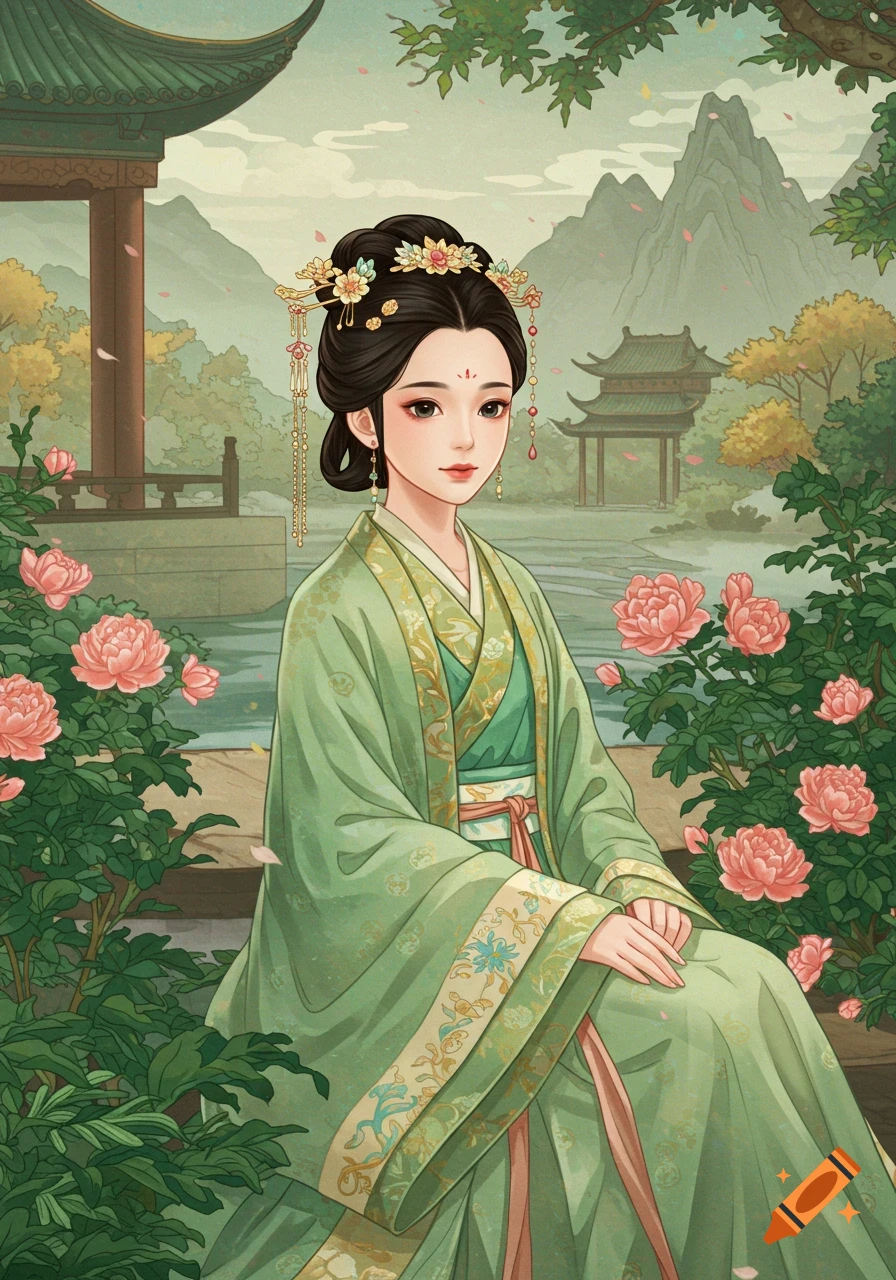 Illustration of a woman in traditional Chinese clothing in a garden with peonies and pagodas.