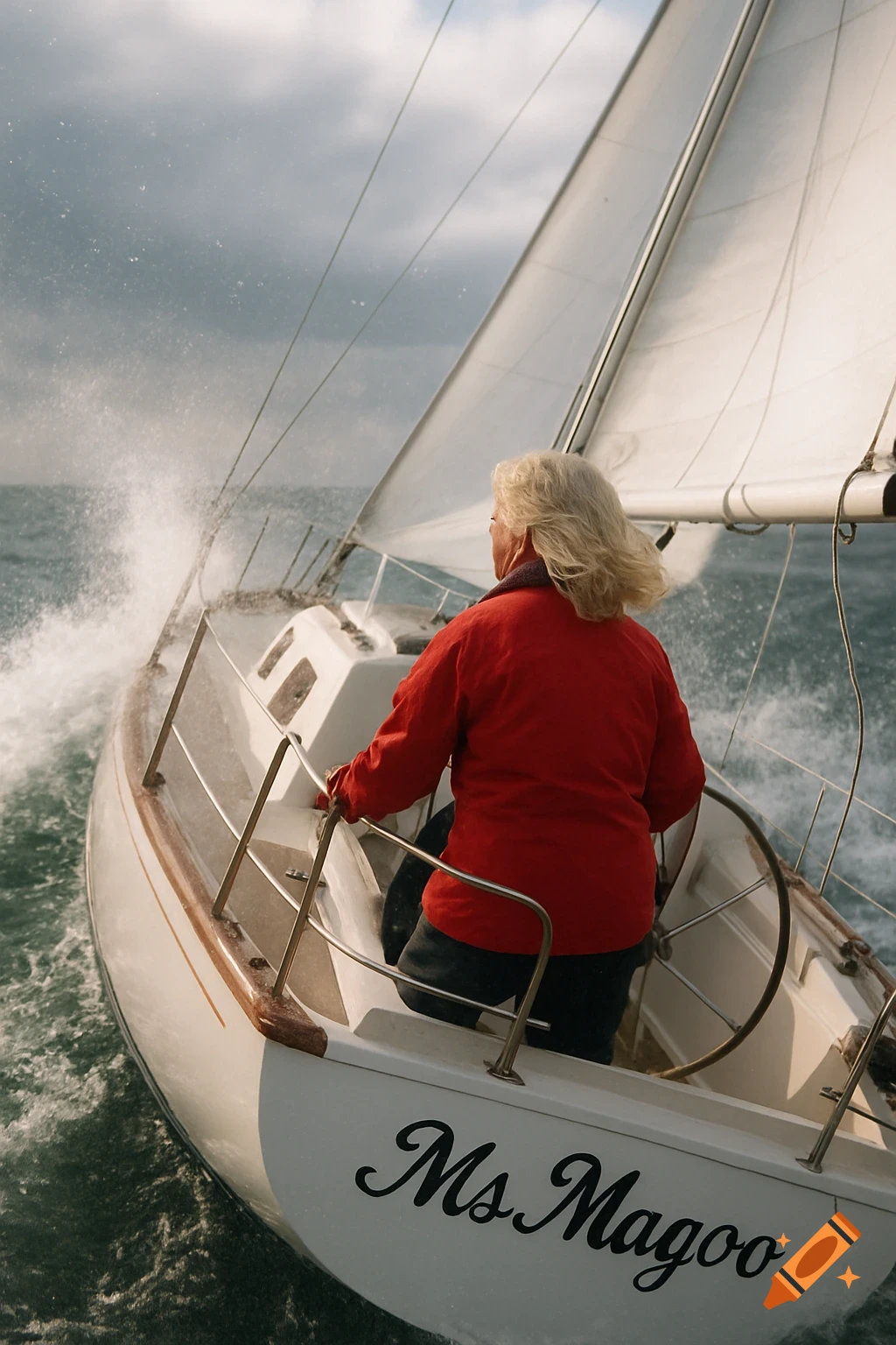 Blonde woman captaining a sailboat named 'Ms Magoo' on choppy water, view from astern.