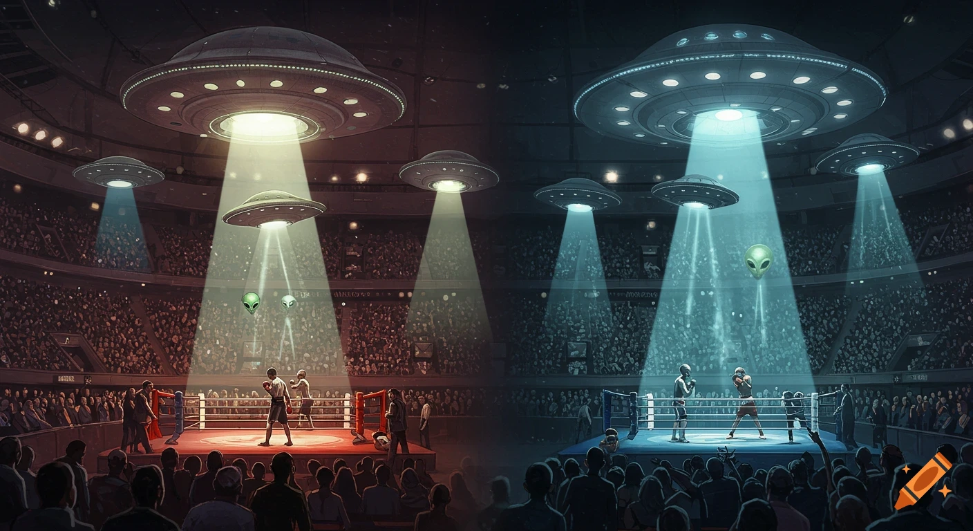 UFOs abduct boxers and spectators with tractor beams during a boxing match in a packed arena.