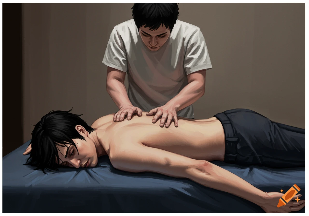 Illustration of a masseur giving a back massage to a person lying on their stomach.